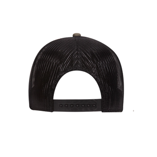 black mesh trucker hat with olive front and bill with dark brown jackson kayak leather patch logo, back