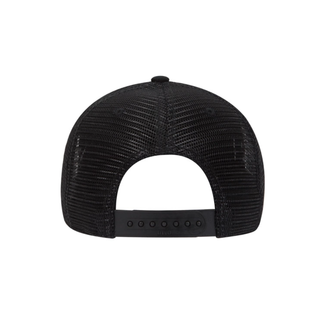 black mesh trucker hat with camo front and bill with dark brown jackson kayak leather patch logo, back