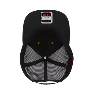 black mesh trucker hat with camo front and bill with dark brown jackson kayak leather patch logo, underneath hat