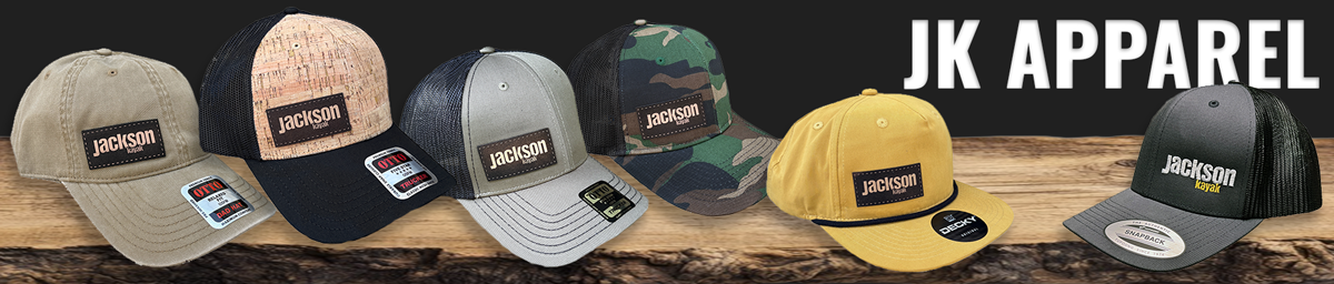 jackson kayak hats on a wooden background with the word apparel in the background