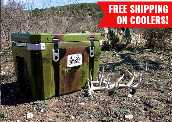 orion cooler in the high desert with an antler on it