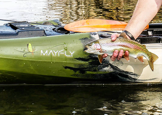angler holding a trout in front of the Jackson Kayak Mayfly kayak logo