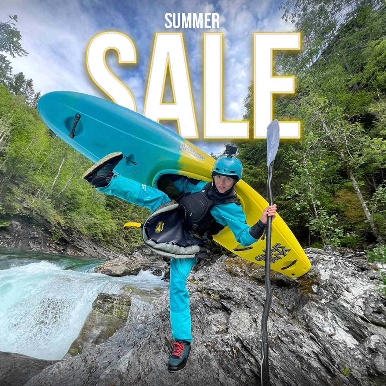 whitewater kayaker with her Gnarvana on the banks of the river. Text: SUMMER SALE, visit your local dealer