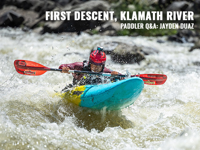 Jayden Duaz paddling in his Jackson Kayak in the whitewater of the Klamath
