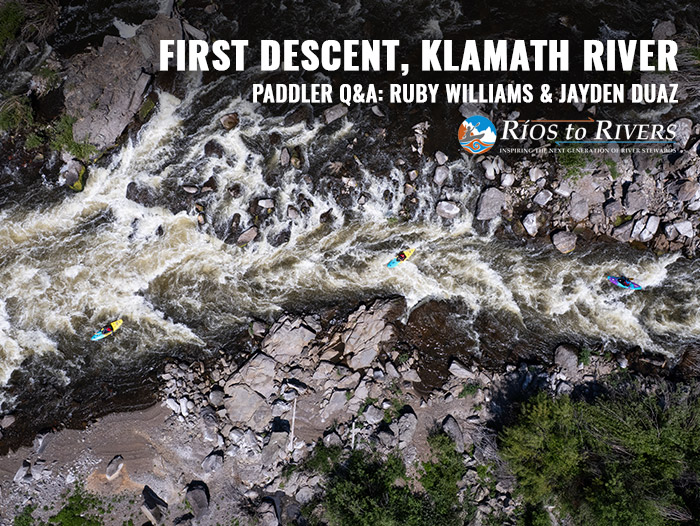 drone image of three paddlers navigating the klamath river